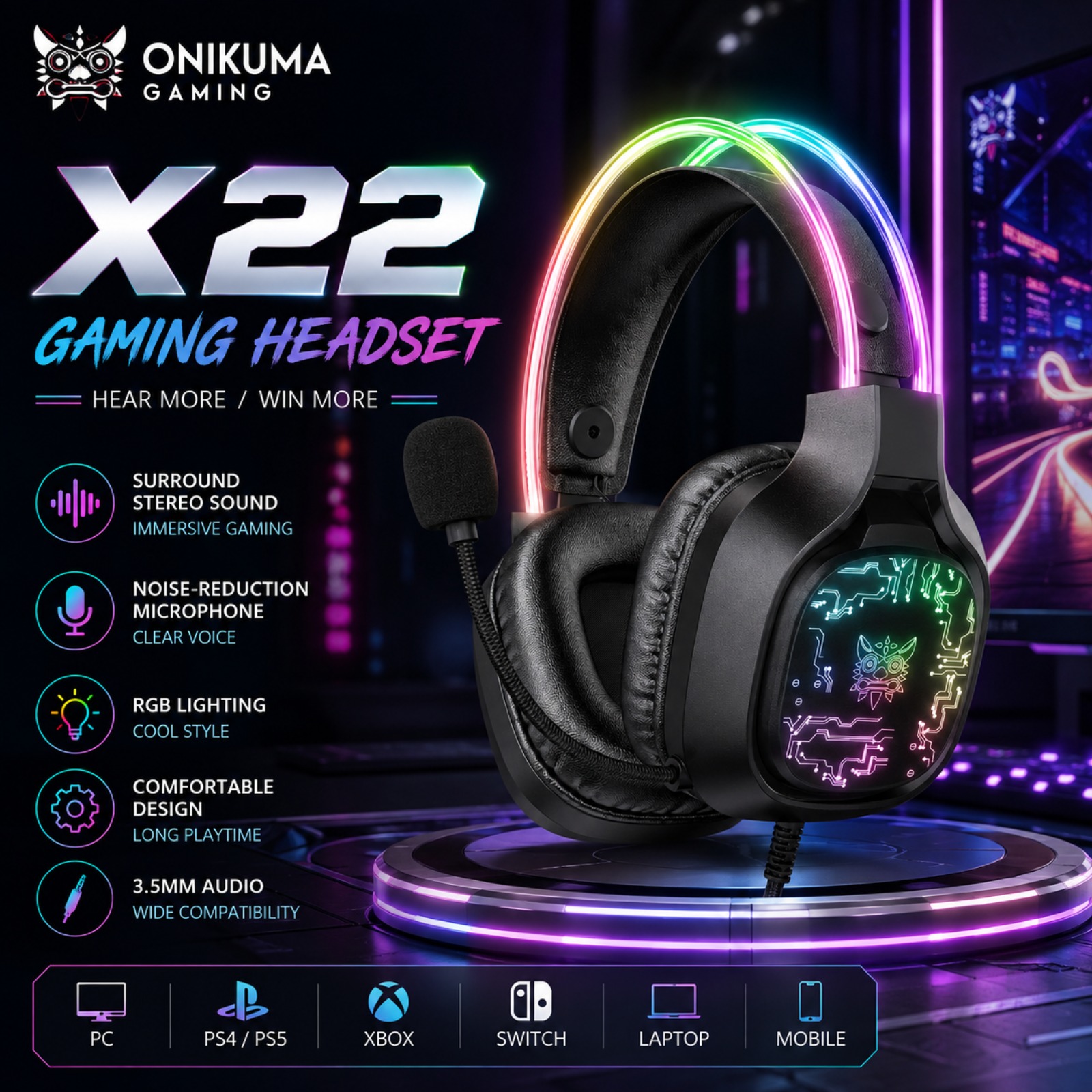Gaming Headset With Mic Rgb - سماعة ألعاب سلكية ONIKUMA X22 مع
